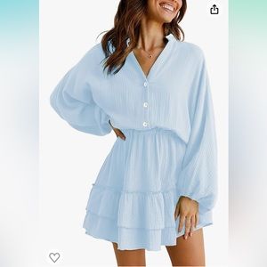 ONRIKE Long Lantern Sleeve VNeck Button Down Ruffle Tiered Swing Mini Dress